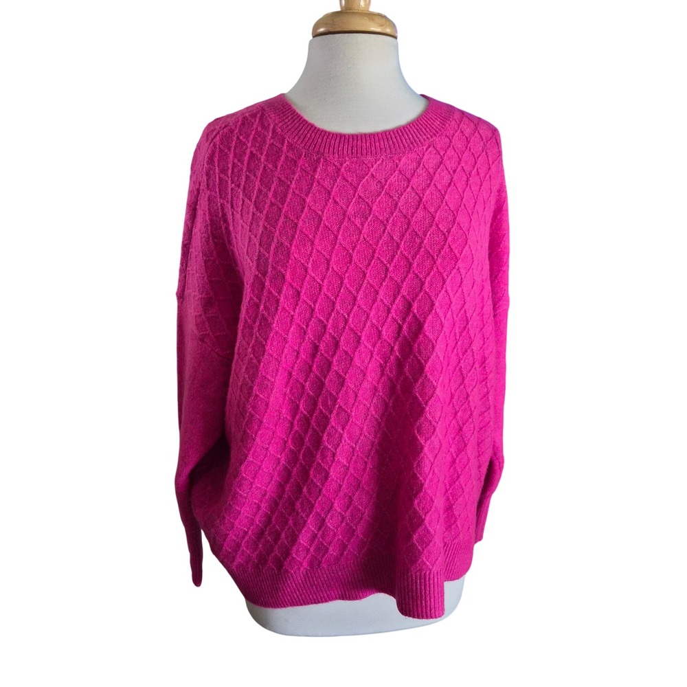 Vince Camuto Hot Pink Diamond Textured Knit Crewneck Sweater Womens Large Easter